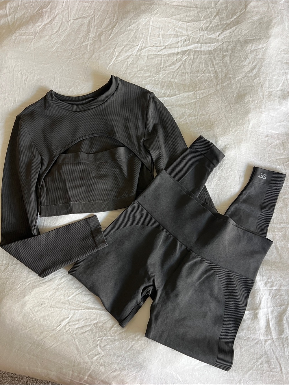 SET Active Women's Black High-Waist Leggings & Long Sleeve Crop Top Matching Set